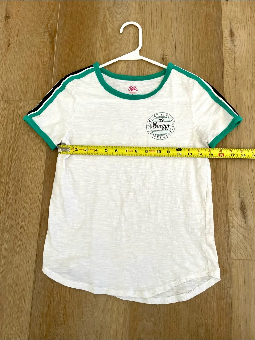 Justice Girls Soccer Team Graphic T Shirt White Green Ringer Stripe Top Size L